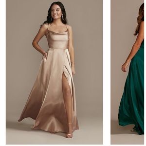 David’s Bridal Charmeuse Cowl Bridesmaid Dress with lace up Back in Sand